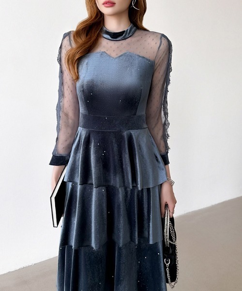 セール】煌めくラメとベロアのグロウドレス ベロアパーティードレス