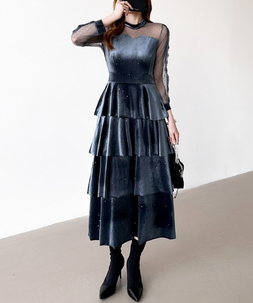 セール】煌めくラメとベロアのグロウドレス ベロアパーティードレス