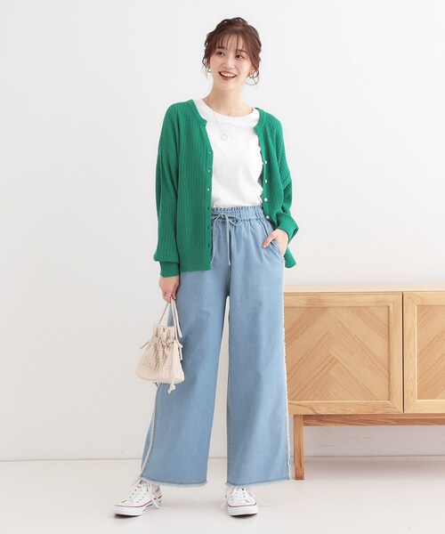 SHOO・LA・RUE（シューラルー）の「【洗える】ざっくり編みが大人かわいい キーネックカーディガン（カーディガン/ボレロ・レディース・ナチュラル/グリーン/キャメル・01/02/03/04）」の6枚目の写真