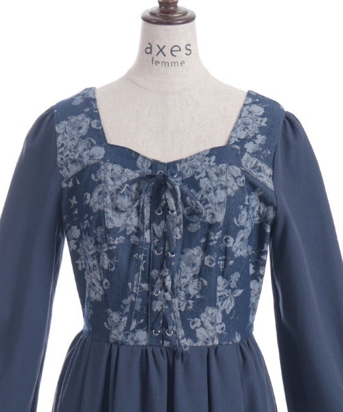 セール】ブーケデニムレースアップワンピース（ワンピース）｜axes