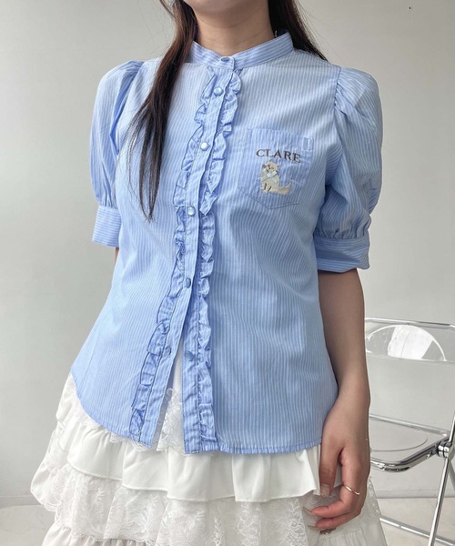 AS KNOW AS plus（アズノゥアズプラス）の「●アニマル刺繍 5分袖パフスリーブブラウス（ネコ、クマ）（シャツ/ブラウス・レディース・サックスブルー系/オフホワイト/ピンク系・FREE）」の3枚目の写真