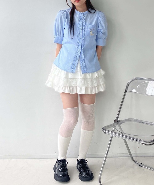 AS KNOW AS plus（アズノゥアズプラス）の「●アニマル刺繍 5分袖パフスリーブブラウス（ネコ、クマ）（シャツ/ブラウス・レディース・サックスブルー系/オフホワイト/ピンク系・FREE）」の16枚目の写真