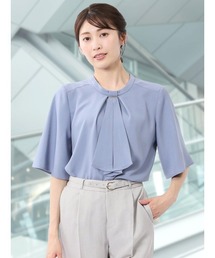 【ストレッチ】m.f.エディトリアル レディース 金具付き ボウタイ風 半袖 プルオーバー ブラウス