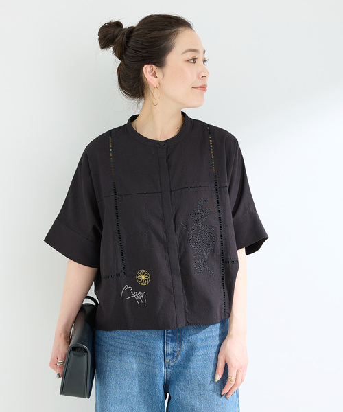 マーチイレブン エンブロイダリー ブラウス 黒 刺繍 タッセル 麻