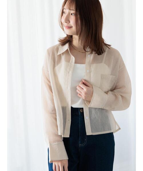 Te chichi TERRASSE（テチチテラス）の「ストライプクロップドシアーシャツ（シャツ/ブラウス・レディース・サックスブルー/オフホワイト/オレンジ/ベージュ・F）」の3枚目の写真