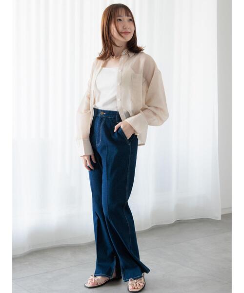 Te chichi TERRASSE（テチチテラス）の「ストライプクロップドシアーシャツ（シャツ/ブラウス・レディース・サックスブルー/オフホワイト/オレンジ/ベージュ・F）」の9枚目の写真