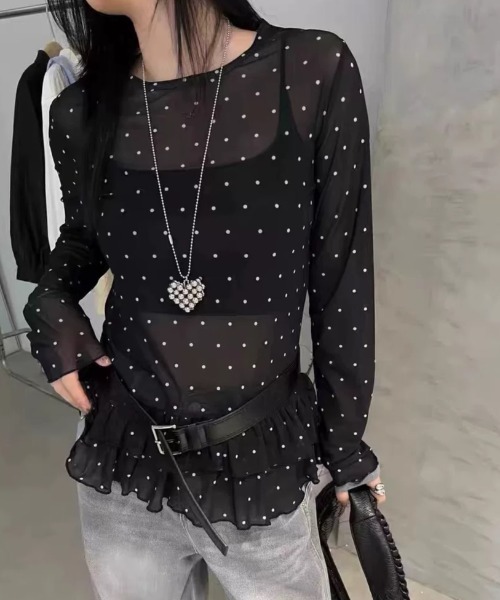 SHEENA(シーナ)の「裾フリルドットシアートップス(Tシャツ/カットソー・レディース・ブラック/ホワイト・M)」の2枚目の写真
