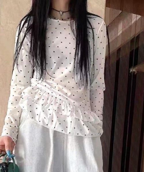 SHEENA(シーナ)の「裾フリルドットシアートップス(Tシャツ/カットソー・レディース・ブラック/ホワイト・M)」の13枚目の写真