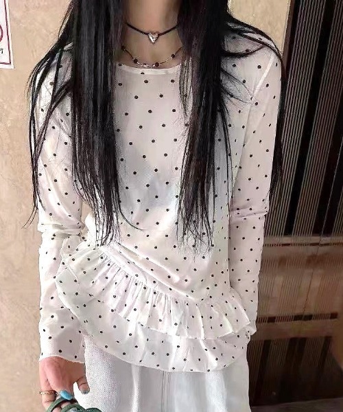 SHEENA(シーナ)の「裾フリルドットシアートップス(Tシャツ/カットソー・レディース・ブラック/ホワイト・M)」の14枚目の写真