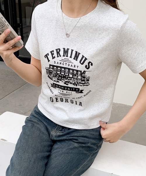 LOWO（ロワ）の「綿混フロントプリントTシャツ カットソー（Tシャツ/カットソー・レディース・ホワイト/グレー/アイボリー・FREE）」の3枚目の写真