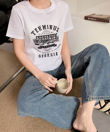 綿混フロントプリントTシャツ カットソー
