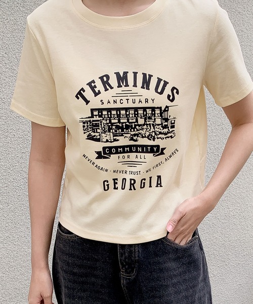 LOWO（ロワ）の「綿混フロントプリントTシャツ カットソー（Tシャツ/カットソー・レディース・ホワイト/グレー/アイボリー・FREE）」の2枚目の写真