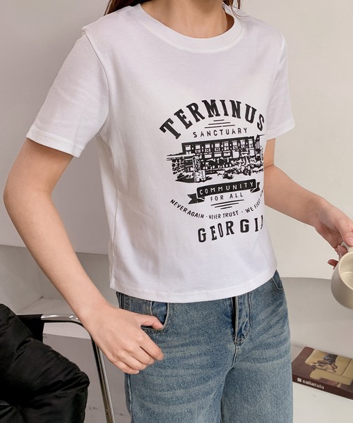 LOWO（ロワ）の「綿混フロントプリントTシャツ カットソー（Tシャツ/カットソー・レディース・ホワイト/グレー/アイボリー・FREE）」の12枚目の写真