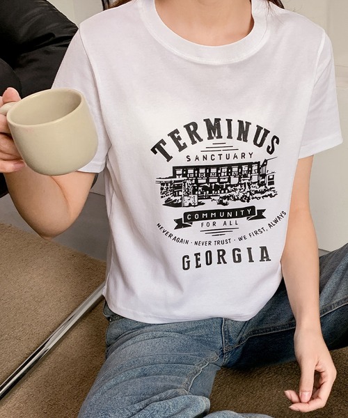 LOWO（ロワ）の「綿混フロントプリントTシャツ カットソー（Tシャツ/カットソー・レディース・ホワイト/グレー/アイボリー・FREE）」の10枚目の写真