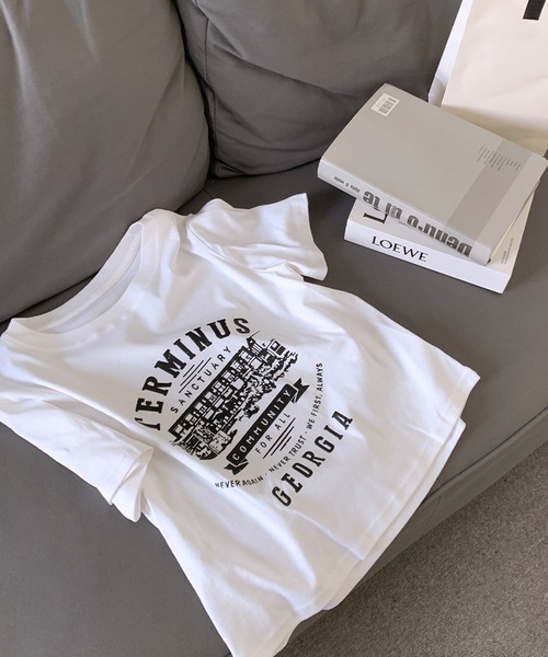 LOWO（ロワ）の「綿混フロントプリントTシャツ カットソー（Tシャツ/カットソー・レディース・ホワイト/グレー/アイボリー・FREE）」の9枚目の写真