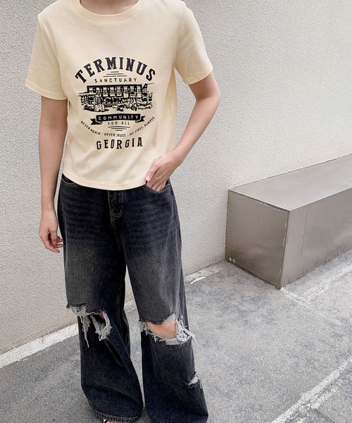LOWO（ロワ）の「綿混フロントプリントTシャツ カットソー（Tシャツ/カットソー・レディース・ホワイト/グレー/アイボリー・FREE）」の7枚目の写真