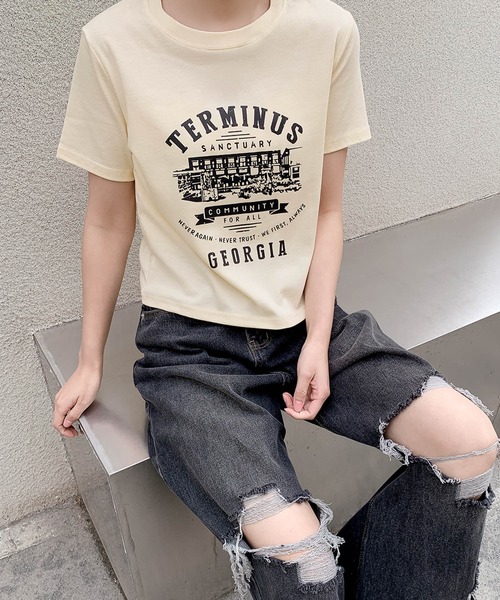 LOWO（ロワ）の「綿混フロントプリントTシャツ カットソー（Tシャツ/カットソー・レディース・ホワイト/グレー/アイボリー・FREE）」の6枚目の写真