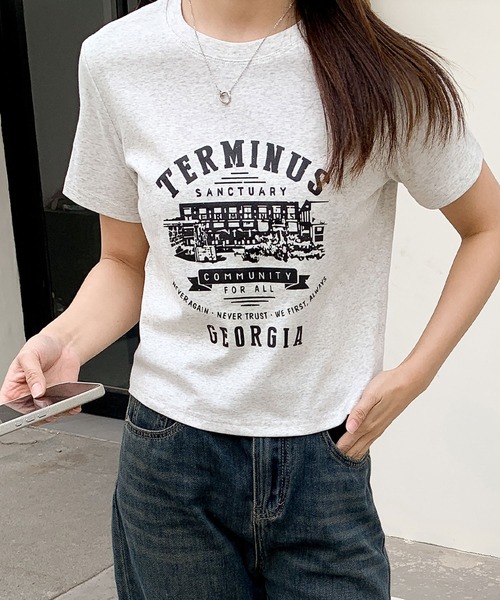 LOWO（ロワ）の「綿混フロントプリントTシャツ カットソー（Tシャツ/カットソー・レディース・ホワイト/グレー/アイボリー・FREE）」の19枚目の写真