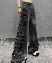 サイドダメージブラックデニムフレアパンツ