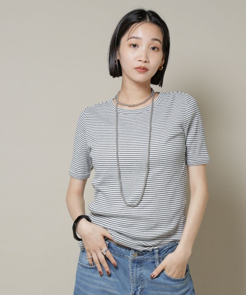 NANO universe（ナノユニバース）の「マルチボーダーテレコリブカットトップス（Tシャツ/カットソー・レディース・ブラック/ホワイト/ブラウン・FREE）」の2枚目の写真