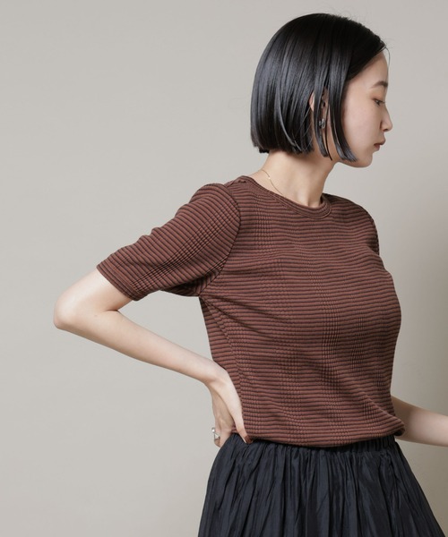 NANO universe（ナノユニバース）の「マルチボーダーテレコリブカットトップス（Tシャツ/カットソー・レディース・ブラック/ホワイト/ブラウン・FREE）」の6枚目の写真