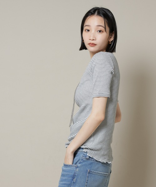 NANO universe（ナノユニバース）の「マルチボーダーテレコリブカットトップス（Tシャツ/カットソー・レディース・ブラック/ホワイト/ブラウン・FREE）」の11枚目の写真