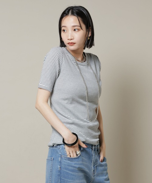 NANO universe（ナノユニバース）の「マルチボーダーテレコリブカットトップス（Tシャツ/カットソー・レディース・ブラック/ホワイト/ブラウン・FREE）」の12枚目の写真