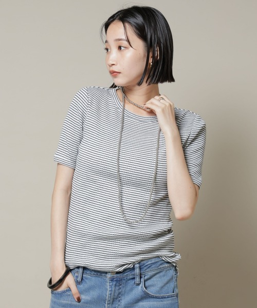 NANO universe（ナノユニバース）の「マルチボーダーテレコリブカットトップス（Tシャツ/カットソー・レディース・ブラック/ホワイト/ブラウン・FREE）」の13枚目の写真