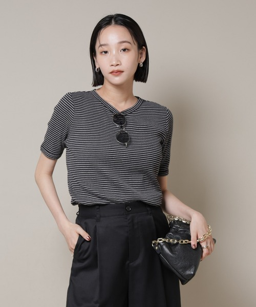 NANO universe（ナノユニバース）の「マルチボーダーテレコリブカットトップス（Tシャツ/カットソー・レディース・ブラック/ホワイト/ブラウン・FREE）」の18枚目の写真