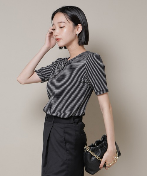 NANO universe（ナノユニバース）の「マルチボーダーテレコリブカットトップス（Tシャツ/カットソー・レディース・ブラック/ホワイト/ブラウン・FREE）」の19枚目の写真