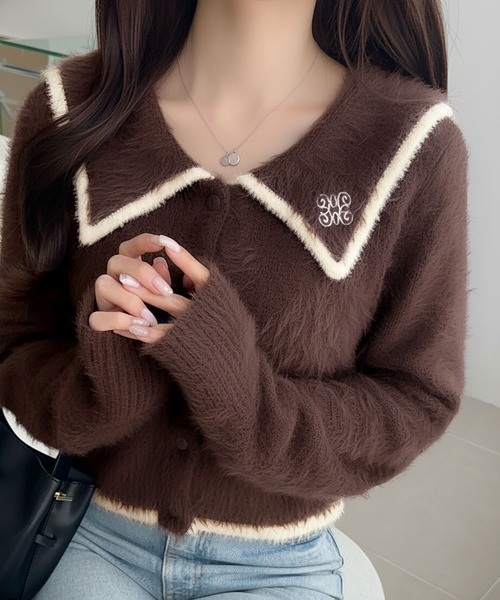 mily bilet(ミウィビレット)の「【mily bilet】セーラーカラーが可愛い。ロゴ刺繍ビッグセーラーシャギーニットカーディガン(カーディガン/ボレロ・レディース・グレー/ブラウン/ホワイト・LARGE/MEDIUM/SMALL/X-LARGE)」の3枚目の写真