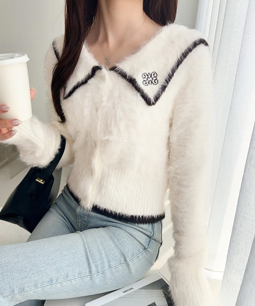 mily bilet(ミウィビレット)の「【mily bilet】セーラーカラーが可愛い。ロゴ刺繍ビッグセーラーシャギーニットカーディガン(カーディガン/ボレロ・レディース・グレー/ブラウン/ホワイト・LARGE/MEDIUM/SMALL/X-LARGE)」の9枚目の写真