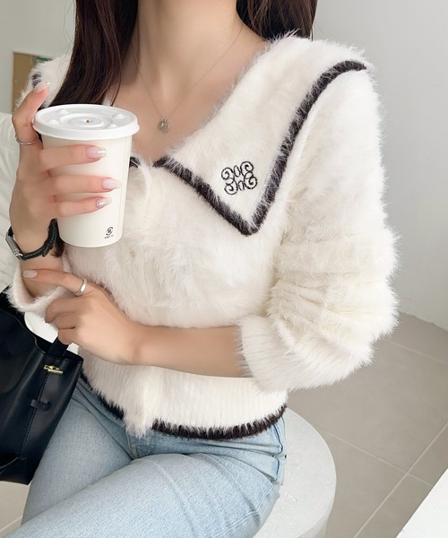 mily bilet(ミウィビレット)の「【mily bilet】セーラーカラーが可愛い。ロゴ刺繍ビッグセーラーシャギーニットカーディガン(カーディガン/ボレロ・レディース・グレー/ブラウン/ホワイト・LARGE/MEDIUM/SMALL/X-LARGE)」の10枚目の写真