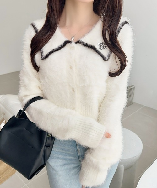 mily bilet(ミウィビレット)の「【mily bilet】セーラーカラーが可愛い。ロゴ刺繍ビッグセーラーシャギーニットカーディガン(カーディガン/ボレロ・レディース・グレー/ブラウン/ホワイト・LARGE/MEDIUM/SMALL/X-LARGE)」の11枚目の写真