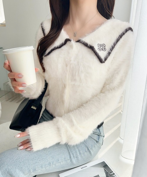 mily bilet(ミウィビレット)の「【mily bilet】セーラーカラーが可愛い。ロゴ刺繍ビッグセーラーシャギーニットカーディガン(カーディガン/ボレロ・レディース・グレー/ブラウン/ホワイト・LARGE/MEDIUM/SMALL/X-LARGE)」の13枚目の写真