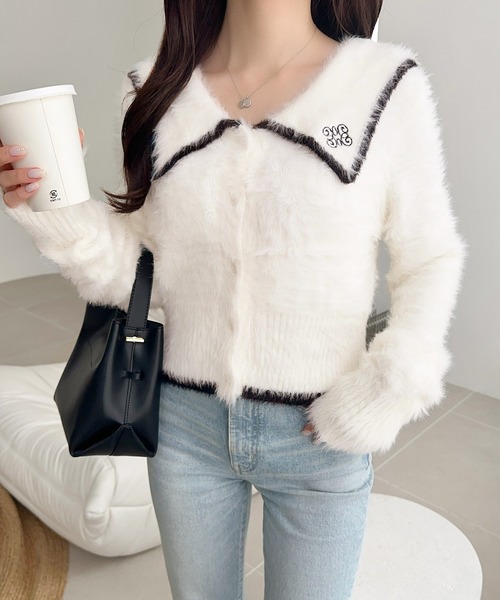 mily bilet(ミウィビレット)の「【mily bilet】セーラーカラーが可愛い。ロゴ刺繍ビッグセーラーシャギーニットカーディガン(カーディガン/ボレロ・レディース・グレー/ブラウン/ホワイト・LARGE/MEDIUM/SMALL/X-LARGE)」の15枚目の写真