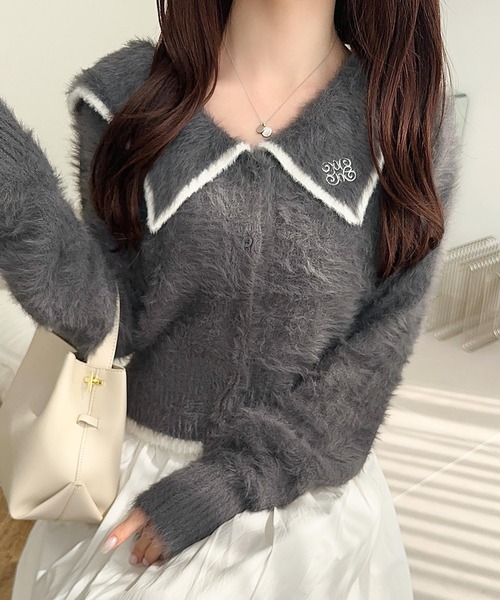 mily bilet(ミウィビレット)の「【mily bilet】セーラーカラーが可愛い。ロゴ刺繍ビッグセーラーシャギーニットカーディガン(カーディガン/ボレロ・レディース・グレー/ブラウン/ホワイト・LARGE/MEDIUM/SMALL/X-LARGE)」の21枚目の写真