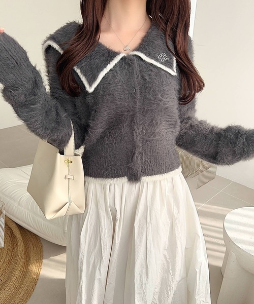mily bilet(ミウィビレット)の「【mily bilet】セーラーカラーが可愛い。ロゴ刺繍ビッグセーラーシャギーニットカーディガン(カーディガン/ボレロ・レディース・グレー/ブラウン/ホワイト・LARGE/MEDIUM/SMALL/X-LARGE)」の20枚目の写真