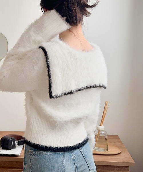 mily bilet(ミウィビレット)の「【mily bilet】セーラーカラーが可愛い。ロゴ刺繍ビッグセーラーシャギーニットカーディガン(カーディガン/ボレロ・レディース・グレー/ブラウン/ホワイト・LARGE/MEDIUM/SMALL/X-LARGE)」の6枚目の写真