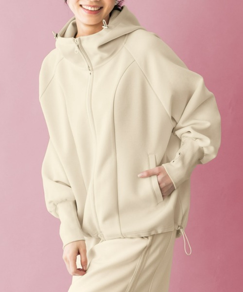 UNDOVE(アンドゥーブ)の「UNDOVE【SMART ECO JERSEY】ダブルジップ切替パーカー (リブ使い/指穴/ダブルジップ/ポケット付/防シワ/ストレッチ/イージーケア/UV/ウォッシャブル)(パーカー・レディース・アイボリー系/ブラック・X-LARGE/LARGE/MEDIUM)」の1枚目の写真