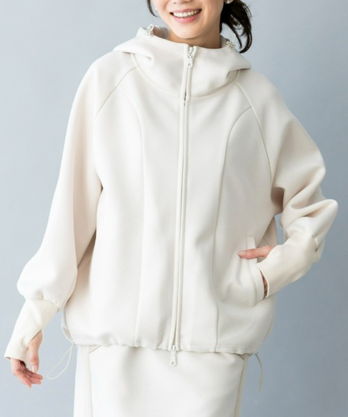 新品【Reneルネ】ウォッシャブル透かし編みダブルジップパーカー36 セール】UNDOVE【SMART ECO JERSEY】ダブルジップ切替パーカー