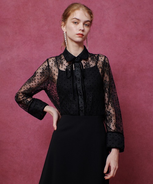 LOULOU WILLOUGHBY ルルウィルビー メッシュ×フロッキーシースルースカート ペチコート無し 未使用 タグ付き LOULOU WILLOUGHBYフロッキードットレースブラウス（シャツ⁄ブラウス