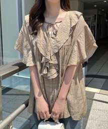 フリル衿フレアスリーブチュニックブラウス