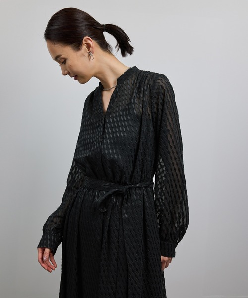 ROPE'（ロペ）の「【洗える】ロングスリーブワンピース（ジャガード/リーフプリント）【WEB・一部店舗限定】（ワンピース・レディース・ネイビー/ブラック・FREE）」の6枚目の写真