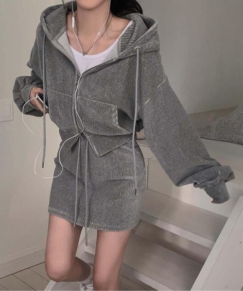 コーデュロイクロップドパーカー＆ミニスカート セットアップ