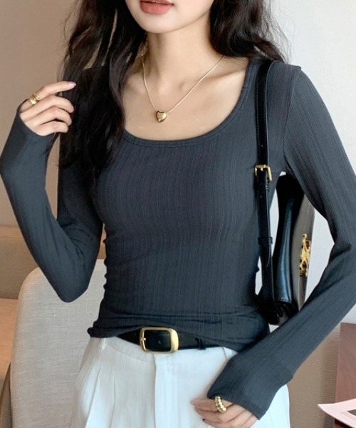 cammie(キャミー)の「ランンダムリブスクエアネック長袖トップス(Tシャツ/カットソー・レディース・カーキ/ブラック/アイボリー/ホワイト/ダークグレー・L/M)」の20枚目の写真