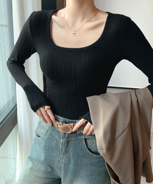 cammie(キャミー)の「ランンダムリブスクエアネック長袖トップス(Tシャツ/カットソー・レディース・カーキ/ブラック/アイボリー/ホワイト/ダークグレー・L/M)」の17枚目の写真