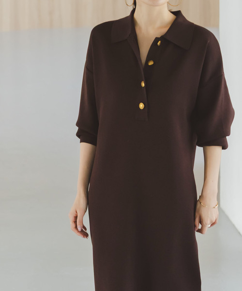 【新品】ポロニットワンピース ポロニットワンピース 半袖 ロングワンピ[品番：AGCW0006738