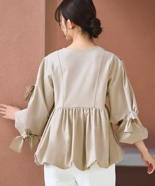 RUIRUE BOUTIQUE(ルイルエブティック)の「洗える ストレッチ | アシンメトリー リボン バルーン トップス | レディース ブラウス 体型カバー 長袖 オフィスカジュアル きれいめ シャツ(シャツ/ブラウス・レディース・ブラック/グレイッシュベージュ/ネイビー・S/M/L/LL)」の13枚目の写真