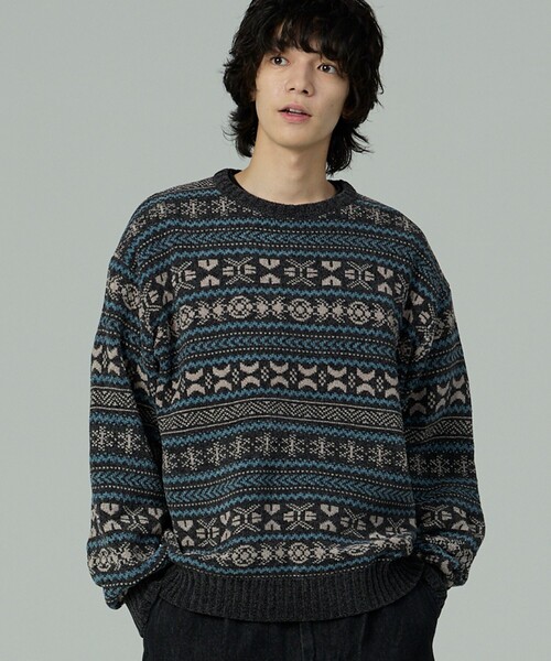 FREAK'S STORE(フリークスストア)の「FREAK’S STORE/フリークスストア 総柄 フェアアイル モール クルーネックニット(ニット/セーター・メンズ・チャコールグレー/ベージュ/ブラウン/ワインレッド/ネイビー・MEDIUM/LARGE)」の2枚目の写真